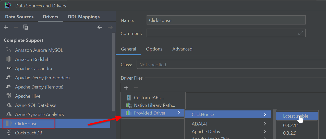 Вкладка DataGrip Drivers с показом установки драйвера ClickHouse