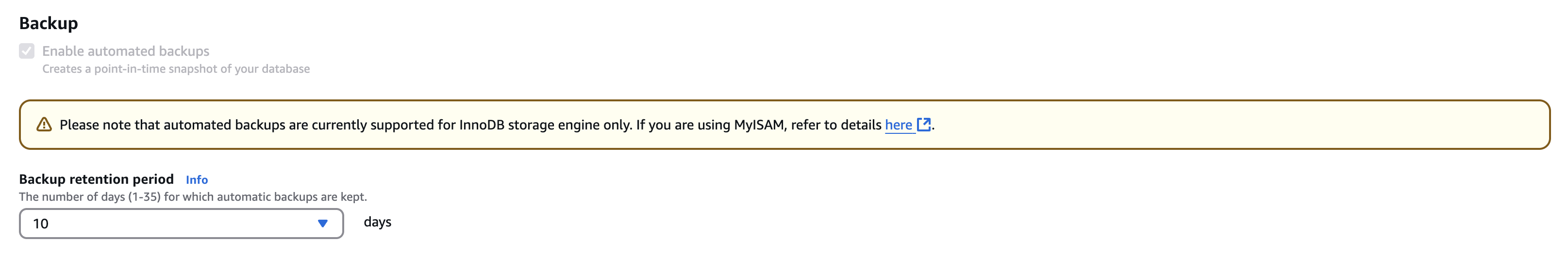 Включение автоматического резервного копирования в RDS